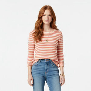 HWR Anthropologie Orange & White Striped Crew Neck Sweater - Small